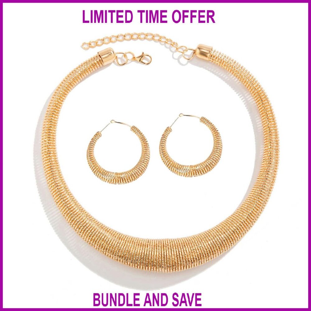 Chunky Gold Plated Hoop Earrings and Statement Necklace Set 2 Piece